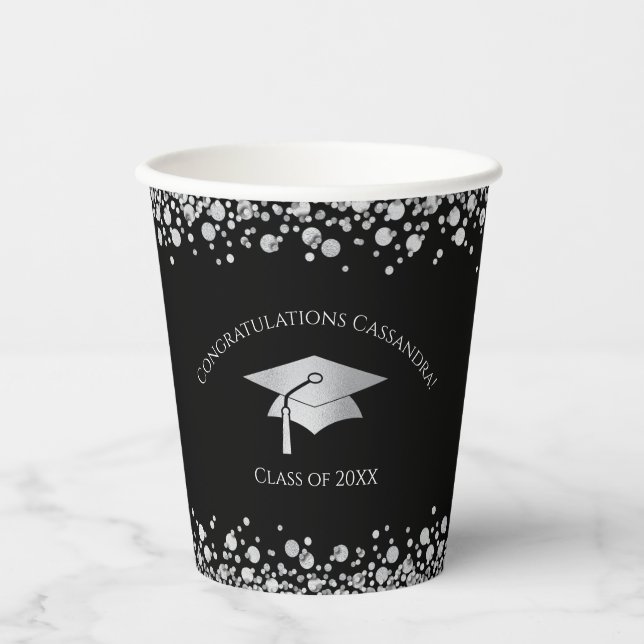 Gobelets En Papier Black and Silver Graduation (Recto)