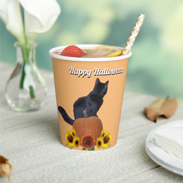 Gobelets En Papier Black Cat Pumpkins Sunflowers Halloween Orange (Insitu)