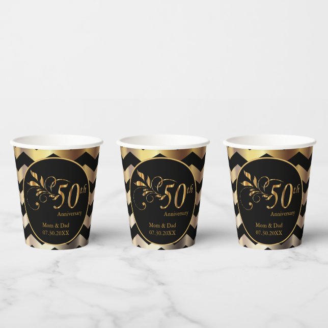 Gobelets En Papier Black & Gold Chevron 50e anniversaire de Mariage (Multi)