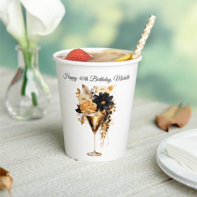Gobelets En Papier Black Gold Cocktails Drink Florals 40th Birthday  (Insitu)