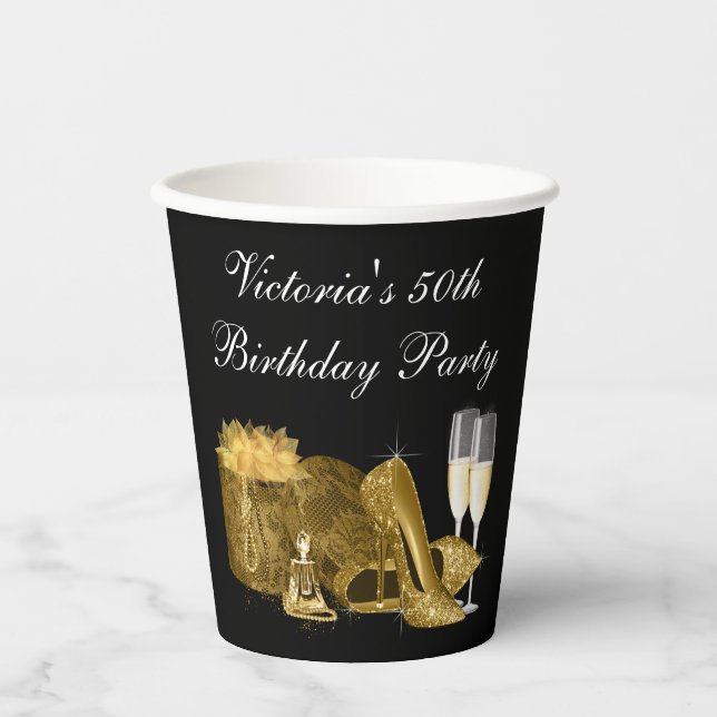 Gobelets En Papier Black Gold High talon Chaussure Anniversaire Coupe (Recto)