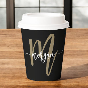 Gobelets En Papier Black Gold Modern Script Girl Monogramme Nom