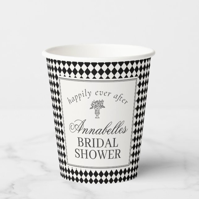 Gobelets En Papier Black Harlequin Checkered Bridal Shower (Recto)