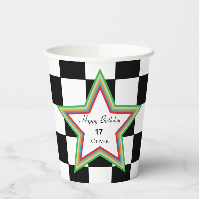 Gobelets En Papier Black White Checkered Happy Birthday Paper Cups (Gauche)