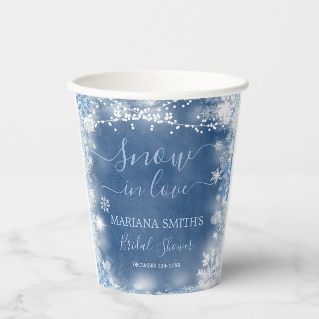 Gobelets En Papier Blanc Bleu Neige en Amour Flocon de Neige Shower d (Recto)