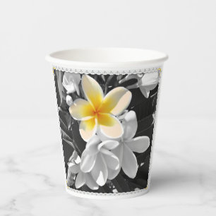 Gobelets En Papier Blanc Noir Avec Un Frangipani Jaune, Coupes De Pap