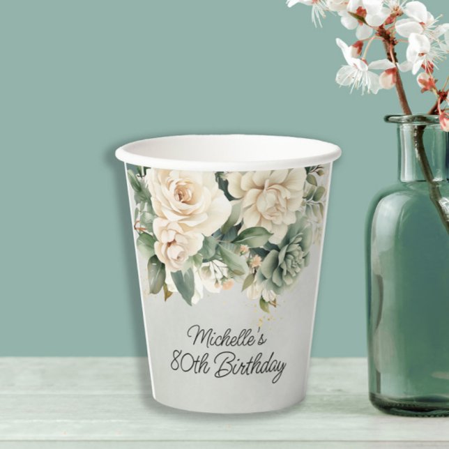 Gobelets En Papier Blanc Sage Vert Floral Or 80e anniversaire (White and sage green floral birthday party paper cups)