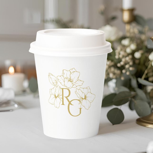 Gobelets En Papier BLANCHE | Chic Faux Gold Monogram Mariage (Créateur téléchargé)