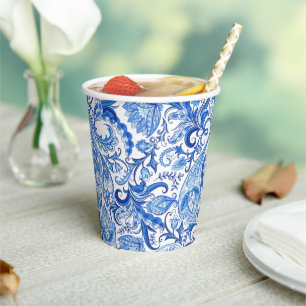 Gobelets En Papier Bleu Bleu Blanc Floral Paisley Art Motif