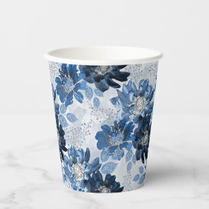 Gobelets En Papier Bleu clair, fleurs bleu foncé sur gris clair