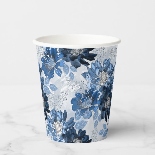 Gobelets En Papier Bleu clair, fleurs bleu foncé sur gris clair (Recto)