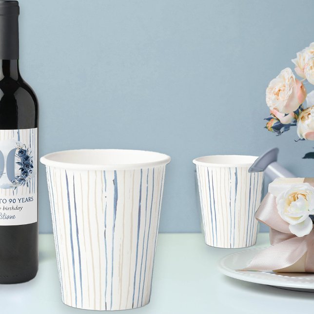 Gobelets En Papier Bleu côtier et brosse de sable (Watercolor Striped paper cups from my Floral Number Birthday Party Collection)