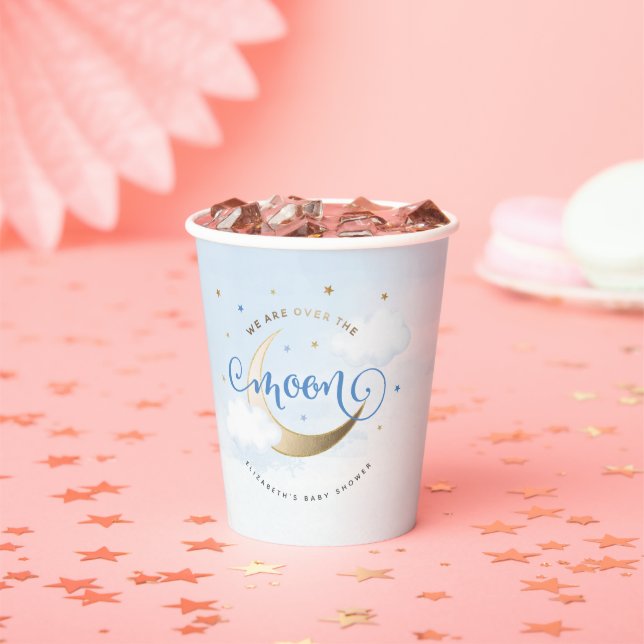 Gobelets En Papier Bleu et or au-dessus des tasses de papier lune (Insitu)