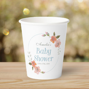 Gobelets En Papier Bleu floral délicat Baby shower tasses en papier