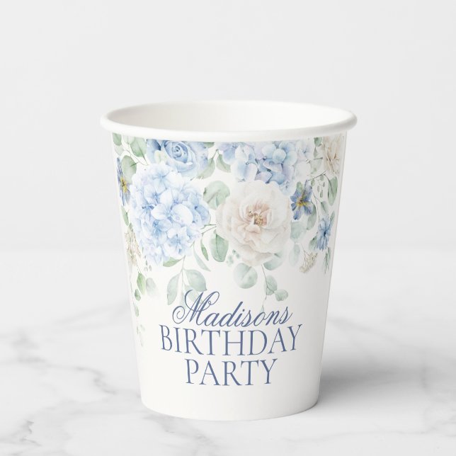 Gobelets En Papier Bleu Floral Hydrangea Botanique Fleurs Anniversair (Verso)