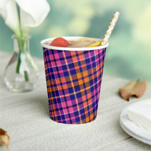 Gobelets En Papier Bleu marine rose orange carreaux design tartan