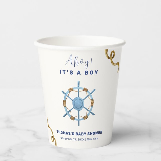 Gobelets En Papier Bleu moderne Ahoy Nautical Boy Baby shower (Recto)