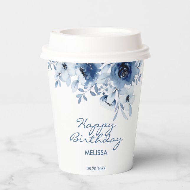Gobelets En Papier Bleu moderne Rose verdure fleurie Anniversaire (Verso)