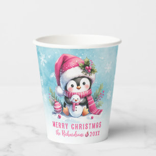 Gobelets En Papier Bleu neigeux et rose mignon pingouin Joyeux Noël
