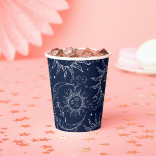 Gobelets En Papier Bleu Nuit Foncé Vintage Soleil Lune Céleste Ciel