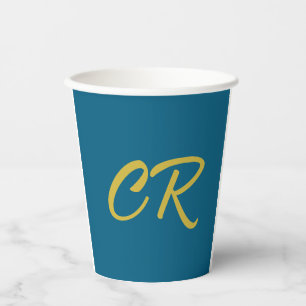 Gobelets En Papier Bleu & Or Monogramme Minimaliste Moderne 