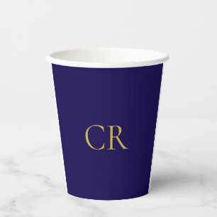 Gobelets En Papier Bleu & Or Monogramme Minimaliste Moderne 