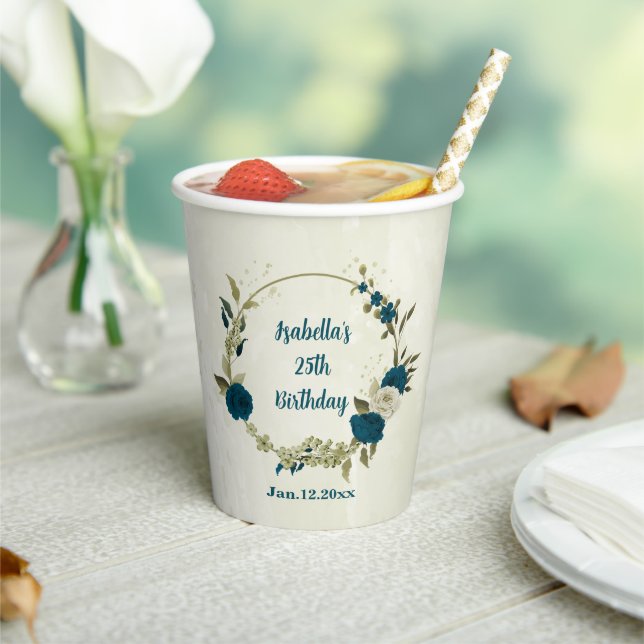 Gobelets En Papier bleu sarcelle beige floral  (Insitu)