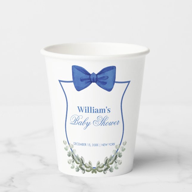 Gobelets En Papier Bleu simple Bow Eucalyptus Crest Boy Baby shower (Recto)