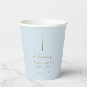 Gobelets En Papier Bleu Simple Elegant Croix Or Baptême Christening