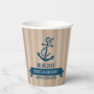 Gobelets En Papier Blond Wood Texture Marine-Blue Ancre nautique