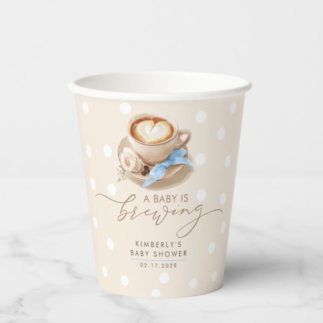 Gobelets En Papier Blue Bow Coffee Baby Is Brewing Boy Baby Shower (Recto)
