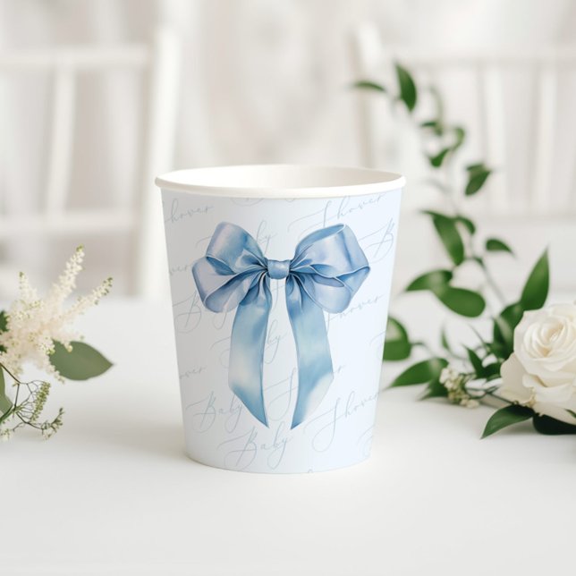 Gobelets En Papier Blue Bow Elegant calligraphie Baby shower garçon (Créateur téléchargé)