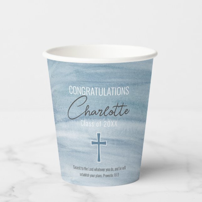 Gobelets En Papier Blue Christian Cross Graduation (Recto)