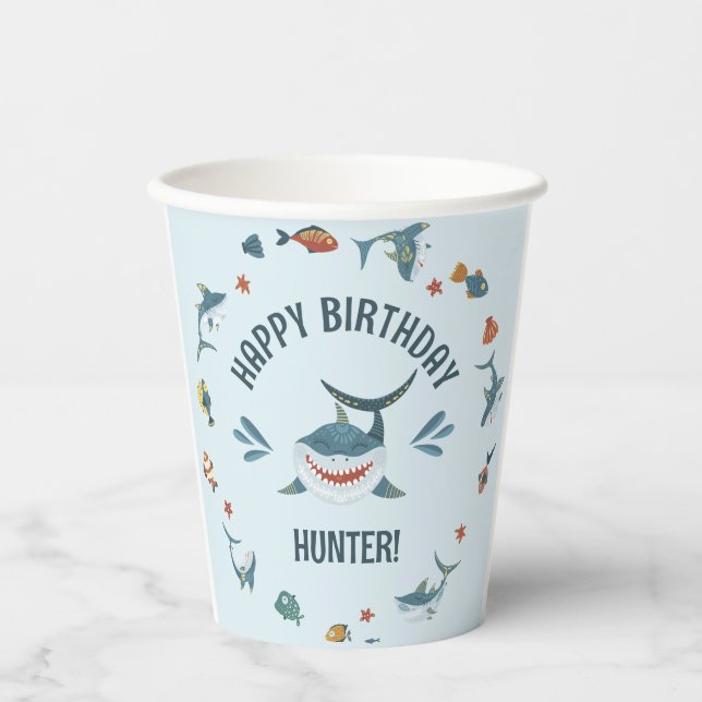 Gobelets En Papier Blue Cute Funny Shark fête d'anniversaire (Recto)