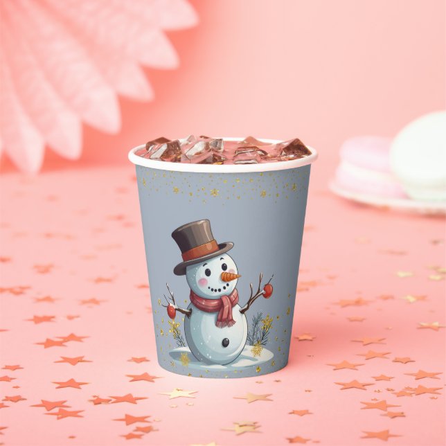 Gobelets En Papier Blue & Gold Little Snowflakes Snowman Baby shower (Insitu)