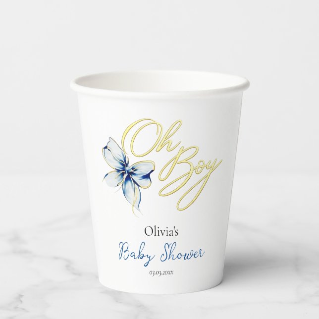 Gobelets En Papier Blue & Gold “Oh Boy” Floral Typography Baby Shower (Verso)