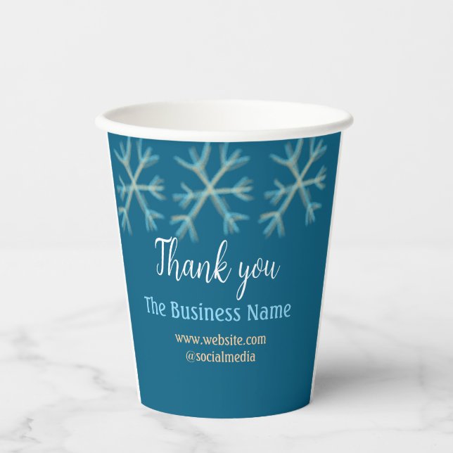 Gobelets En Papier Blue orange snowflakes ajouter nom commercial noël (Recto)