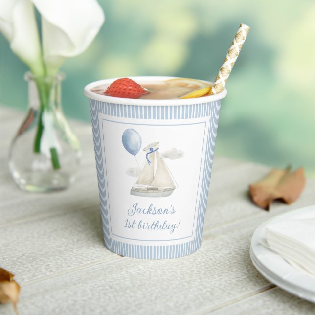 Gobelets En Papier Blue Pastel Nautical Sail Bateau 1er Anniversaire (Insitu)