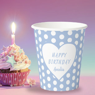 Gobelets En Papier Blue Polka Point Motif Coeur fête d'anniversaire