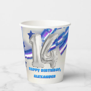 Gobelets En Papier Blue Ribbon & Stars Confetti 14ème anniversaire P
