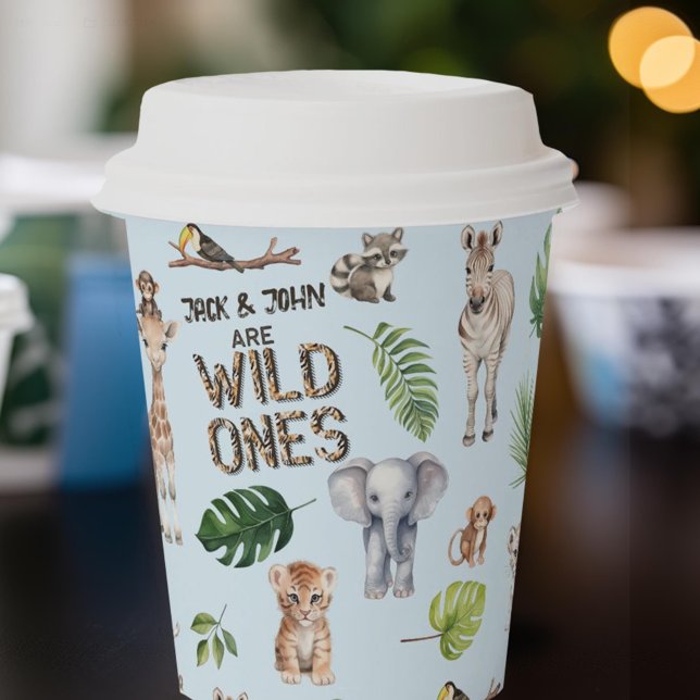 Gobelets En Papier Blue Safari Animaux, Twins WIld ONes 1er anniversa (BLue safari jungle animals, twins boys 1st birthday paper cups.)