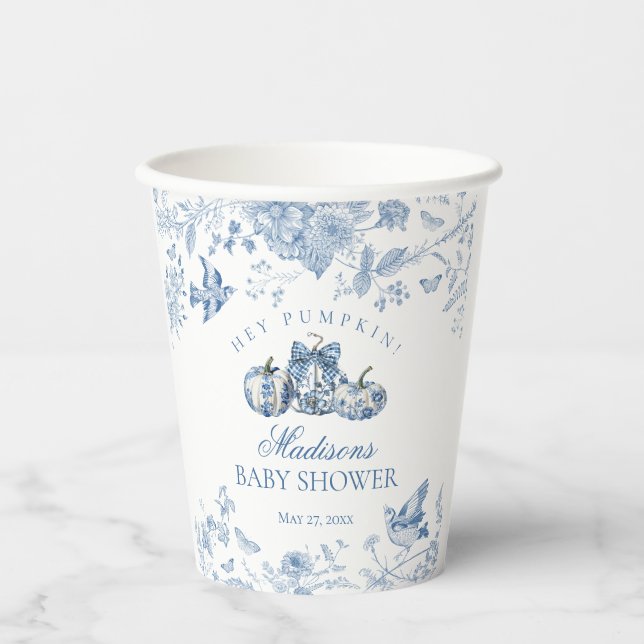 Gobelets En Papier Blue Toile Pumpkin French Fall Floral Baby Shower (Recto)