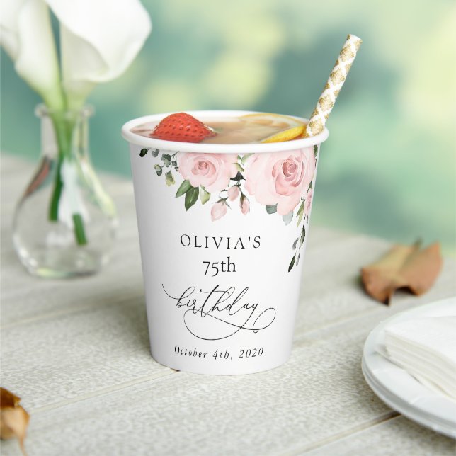 Gobelets En Papier Blush Flowers, Pink Flowers, Greenery, Birthday (Insitu)