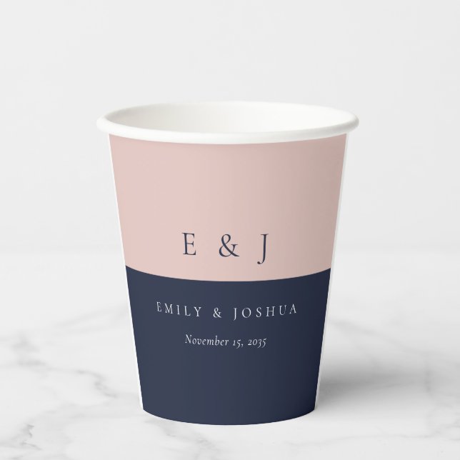Gobelets En Papier Blush Navy Mariage moderne (Recto)