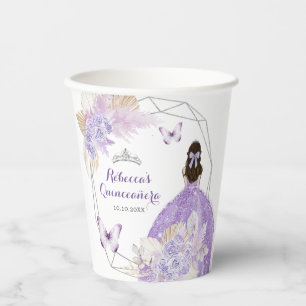 Gobelets En Papier Boho Argent Fleurs violettes Papillon Quinceañera