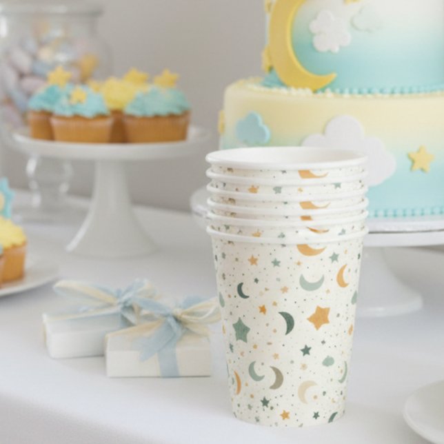 Gobelets En Papier Boho Baby shower tasses de papier-lune et étoiles (Boho moon and stars baby shower drink cups)