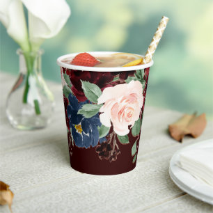 Gobelets En Papier Boho Bloom   Rouge Élégant Foncé et Bleu Nuit