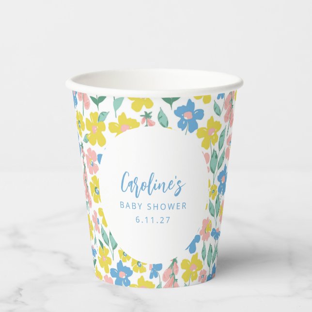Gobelets En Papier Boho Blue Jaune Ditsy Floral Baby shower personnal (Recto)