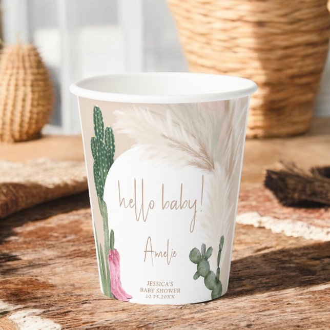Gobelets En Papier Boho cactus pampas bottes bonjour baby shower (Boho cactus pampas boots hello baby shower paper cups)