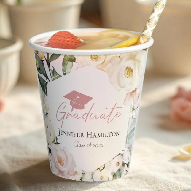 Gobelets En Papier Boho Green Floral Frame Graduation (Créateur téléchargé)